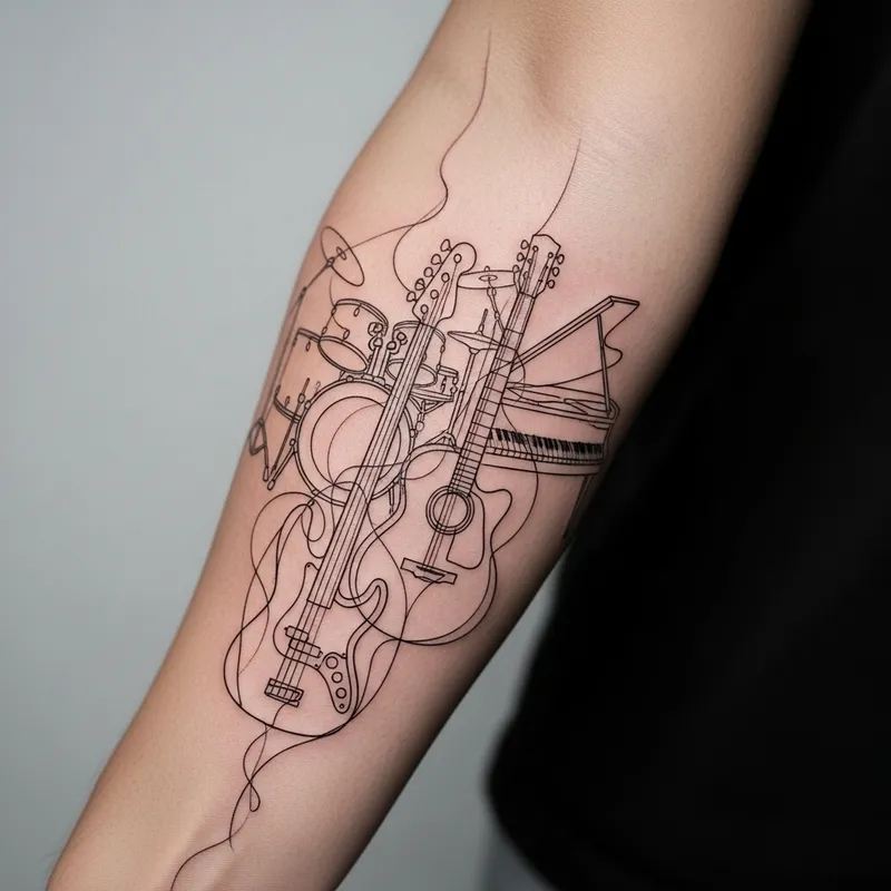 Elegant Line Tattoo: Musical Instruments Design
