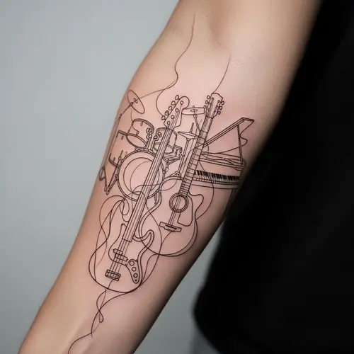 Elegant Line Tattoo: Musical Instruments Design