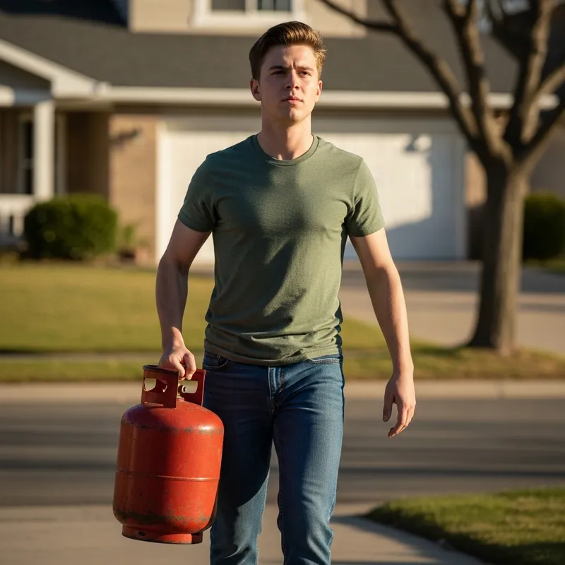A Young Man Carrying Gas | Suburban Scene
