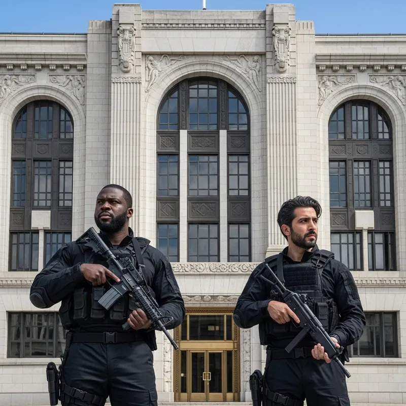 Serious Vigilance: Diverse Armed Guards Protecting Large Building