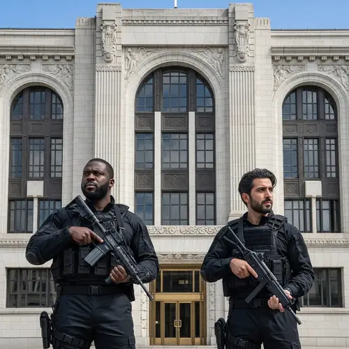 Serious Vigilance: Diverse Armed Guards Protecting Grand Building