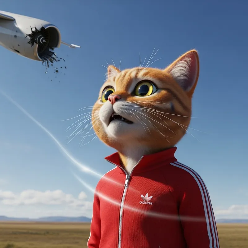 Hyperrealistic Cartoon Cat in Red Tracksuit Sees Engine Break