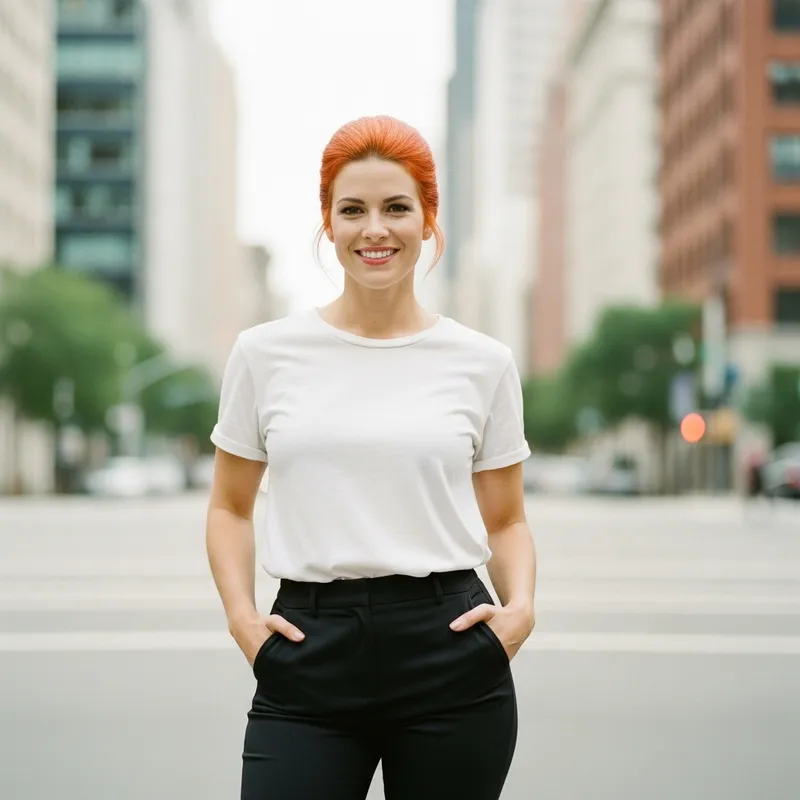 Stylish Woman with Orange Hair in White Shirt and Black Pants Stylish Woman with Orange Hair in White Shirt and Black Pants