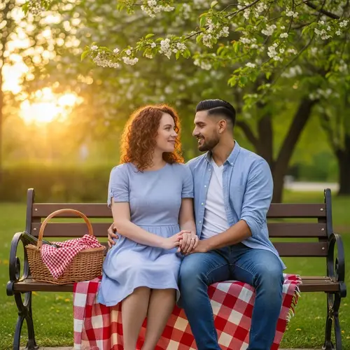 Romantic Scene with Couple on Park Bench at Sunset