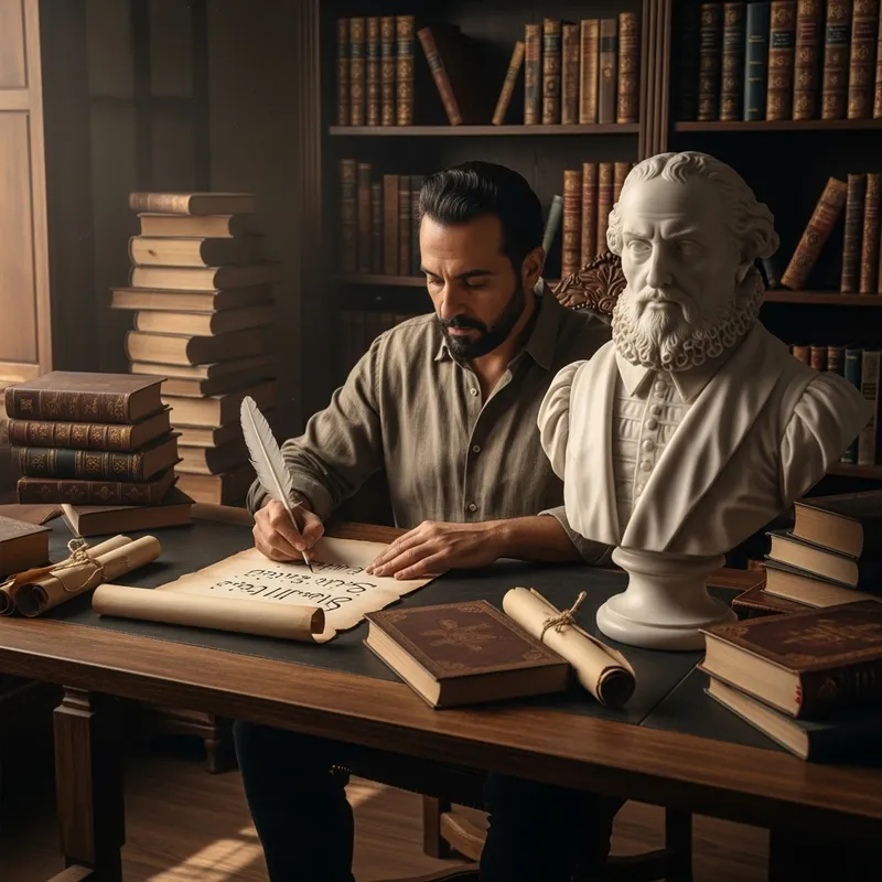 Poet Inspired by William Shakespeare Writing Among Antique Books