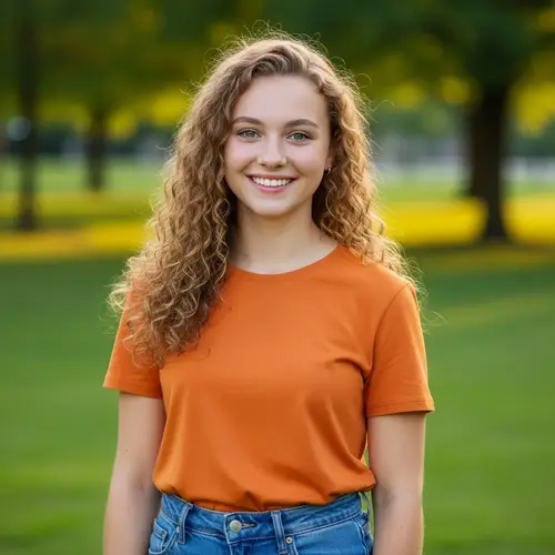Beautiful Caucasian Girl with Shiny Golden Curly Hair | Serene Park Setting