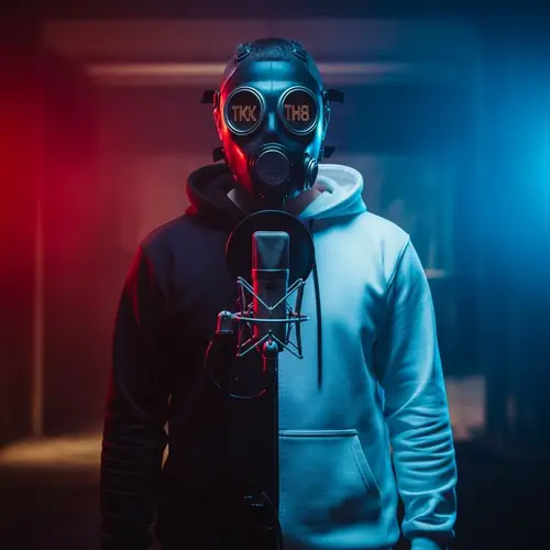 Masked UK Drill Rapper with TKH⁸ Gas Mask in Mysterious Room