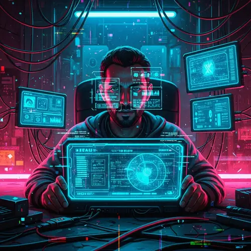 Mysterious Hacker in Cyberpunk Aesthetics: Digital Painting with Glitchy Effects