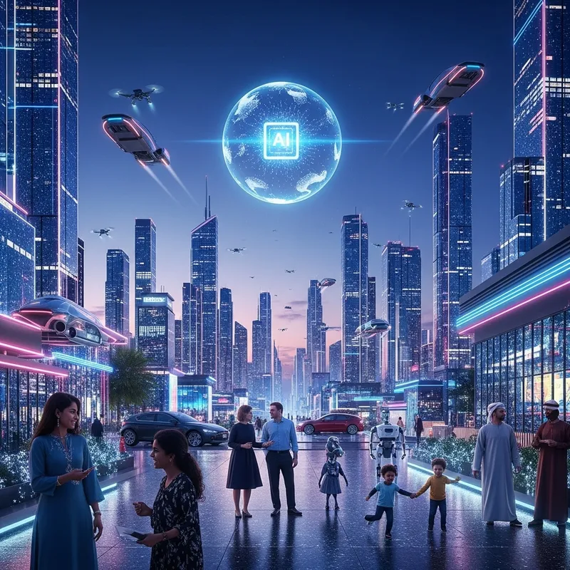 Twilight Futuristic Cityscape with AI Core & Diverse Population