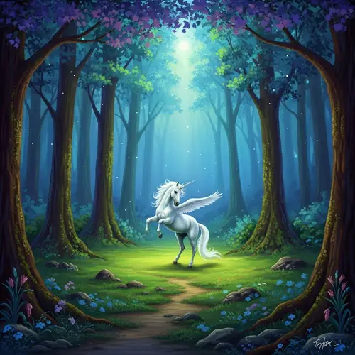 Mystical Forest with Graceful Unicorn | Fantasy Illustration