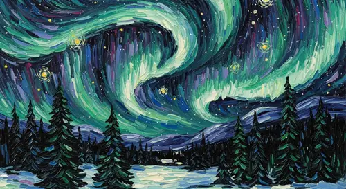 Aurora Borealis in Starry Night Style - Post-Impressionism Artwork