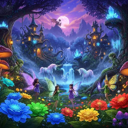 Enchanted Kingdom Fairies Dancing Among Colorful Flowers