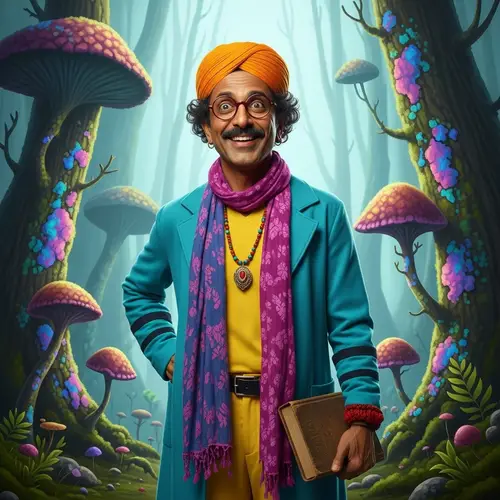 Eclectic Wisdom: South Asian Inspired Character in Whimsical Forest