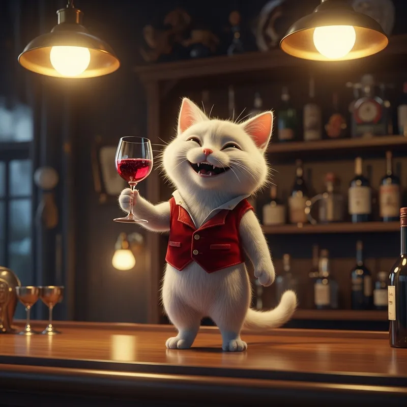 Charming White Cat with Red Wine Glass | Magical Fantasy Art