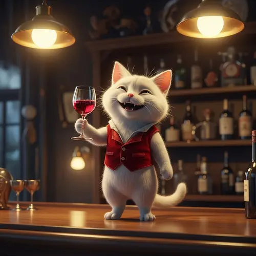 Whimsical White Cat Holding Glass of Red Wine | Playful Fantasy Art