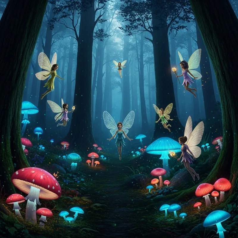 Mystical Woodland: Glowing Mushrooms & Whimsical Fairies
