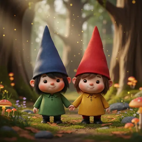 Adorable Gnomes with Black and Brown Hair Holding Hands