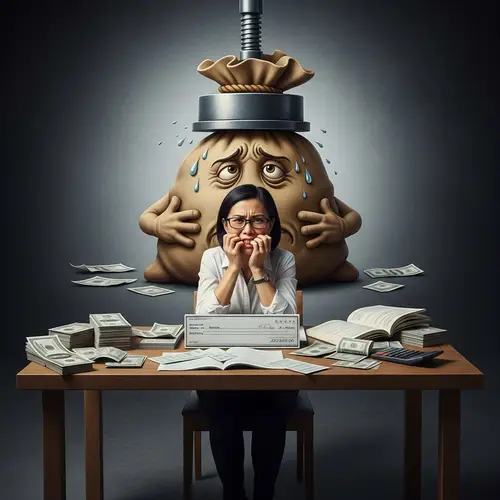 Financial Stress Symbolism: Anxiously Shaped Money Bag Under Pressure