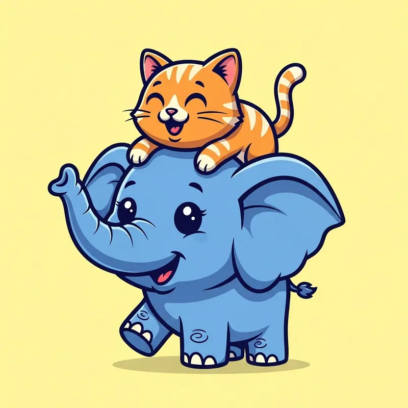 Whimsical Elephant Carrying Cat: Cute Cartoon Illustration Whimsical Elephant Carrying Cat: Cute Cartoon Illustration
