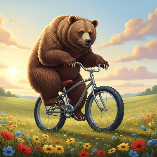 Majestic Brown Bear Riding Bicycle Through Blooming Landscape