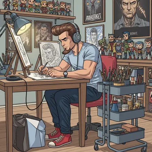 Comic-style Illustrator with Pompadour Hairstyle at Drawing Table