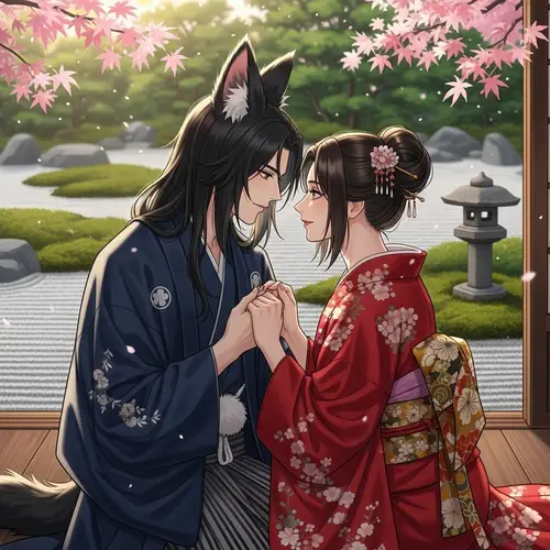 Romantic Couple Interaction in Feudal Japan Attire