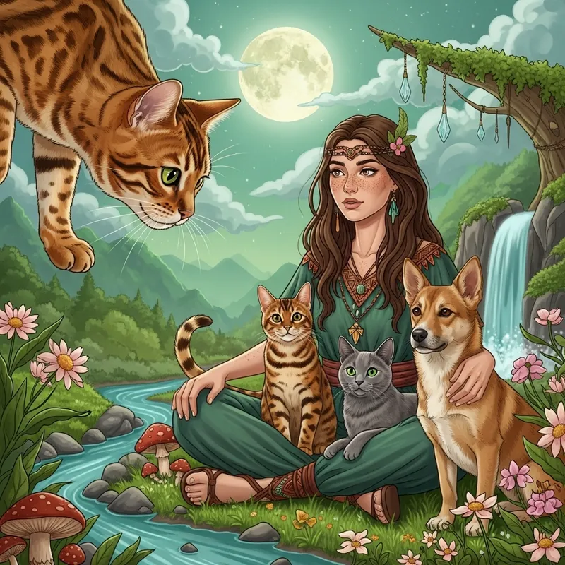 Golden Bengal Cat and Shaman Amidst Nature's Beauty