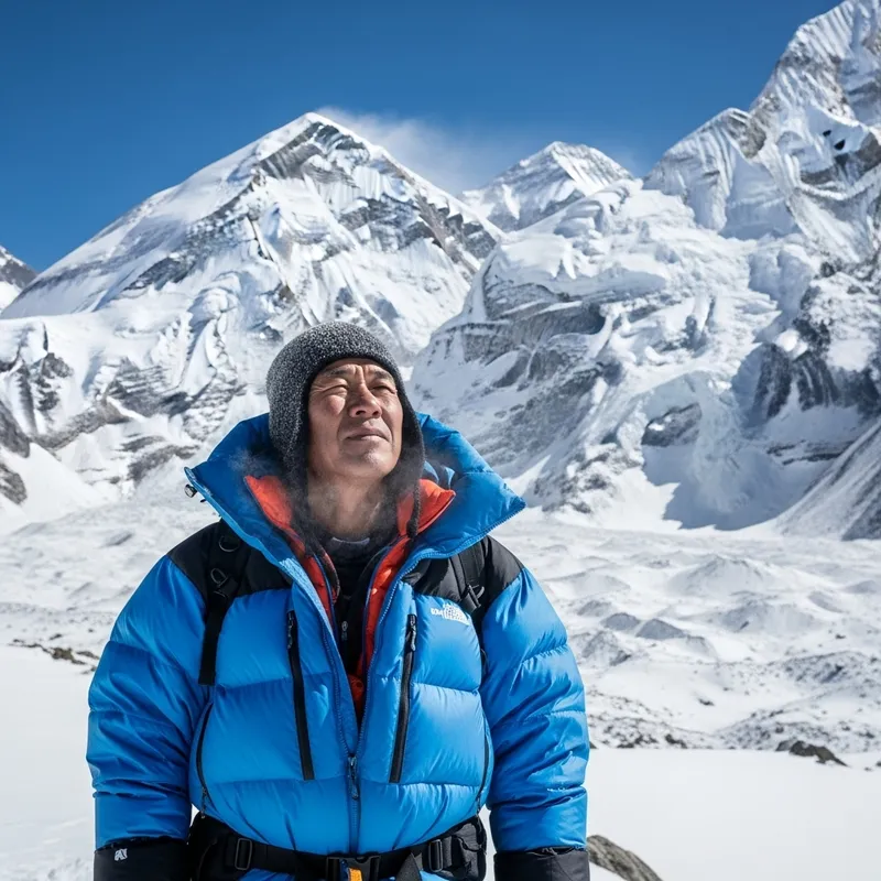 Man Enjoying Serene View in Snow-Capped Himalayas Man Enjoying Serene View in Snow-Capped Himalayas
