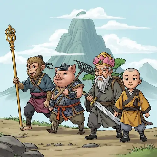 Colorful Journey to the West: Monkey, Pig, Elderly Man & Young Monk