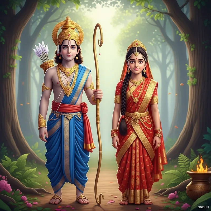 Young Lord Rama and Seetha in Ancient Indian Attire - Mythological Depiction