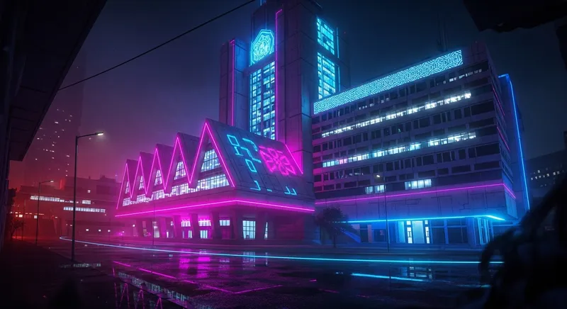 Futuristic Soviet-Style School with Neon Glow | Vibrant Cyberpunk Architecture Futuristic Soviet-Style School with Neon Glow | Vibrant Cyberpunk Architecture