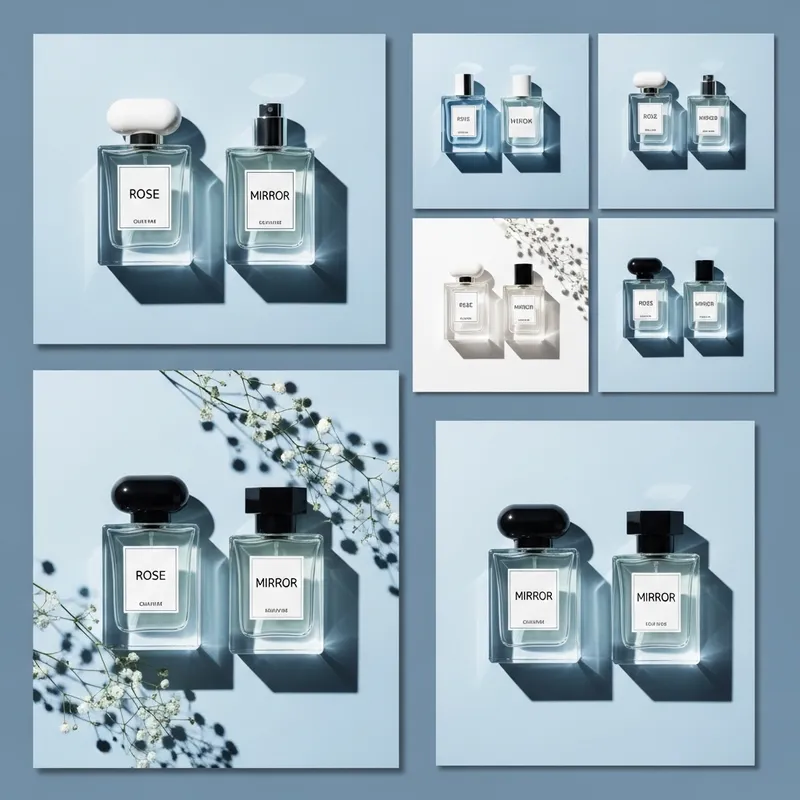 Blue-White Perfume Visuals: Rose & Mirror, Elegant Flatlay Compositions