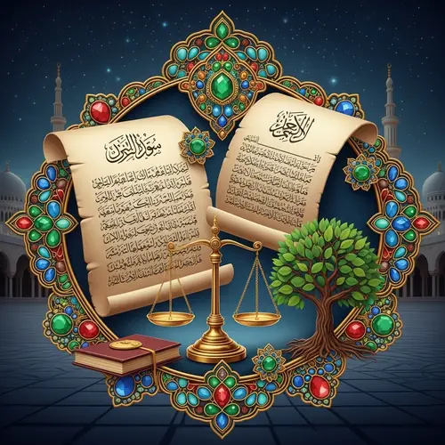Islamic Inheritance Law: Antique Documents, Justice Scales, Family Legacy