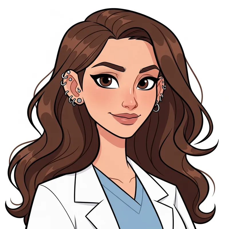 Palestinian Female Doctor with Long Brown Hair and Stylish Ear Piercings