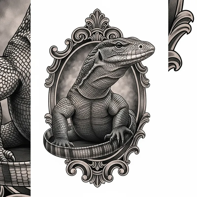 Elegant Savannah Monitor Lizard Tattoo Design with Antique Frame