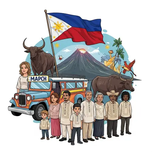 Philippine Cultural Unity: Nationalism Image with Flag, Jeepney, Carabao & Mayon Volcano