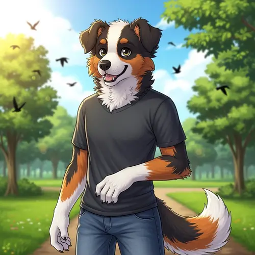 Furry Humanoid Character in Lush Park - Colorful Border Collie Inspired Design
