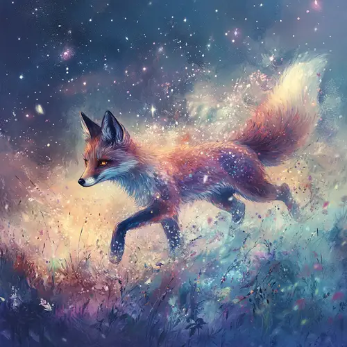 Celestial Fox in a Starlit Meadow - Dreamy Art