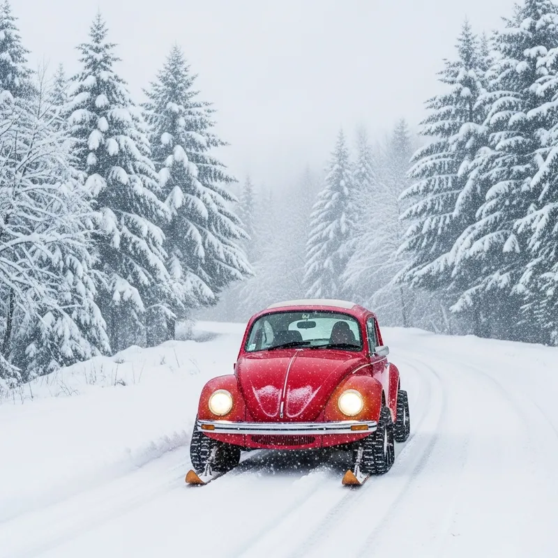 Red VW Beetle Ski Track in Falling Snow | Winter Road Adventure
