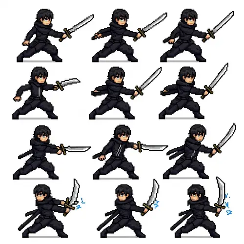 Pixel Art Warrior Animation: Dark-Haired Swordsman Attack