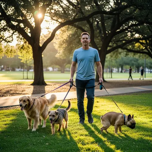 Caucasian Male Walking Three Dogs in Park