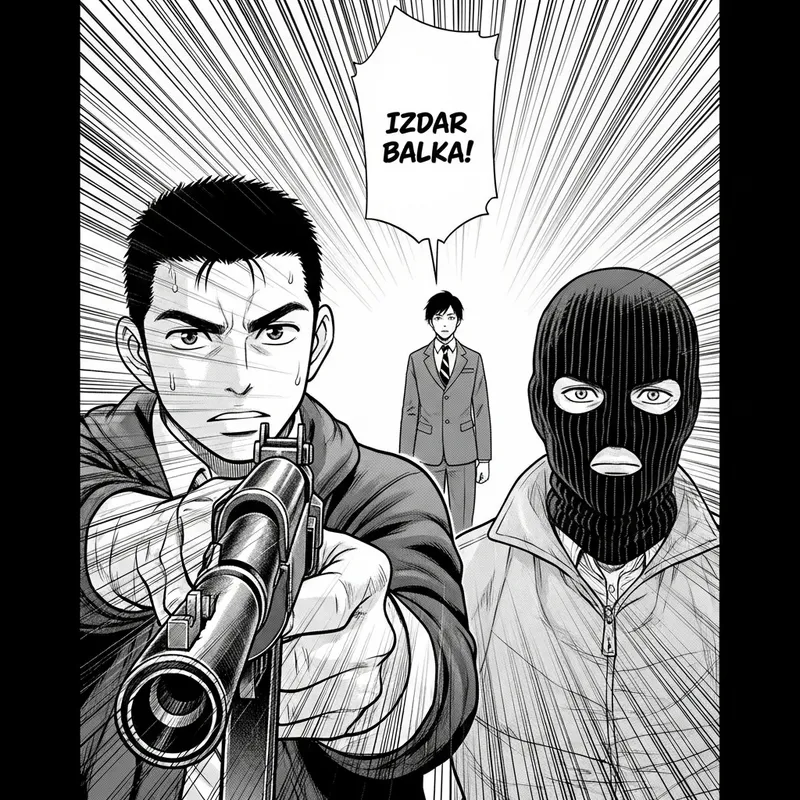 Intense Manga Art: Gunman in Balaclava with Sabattier Effect