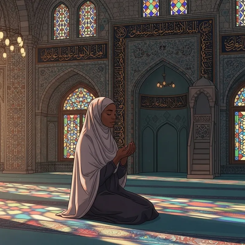 Black Muslim Woman in Prayer in Exquisitely Decorated Mosque