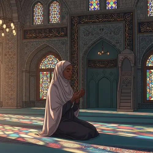 Black Muslim Woman in Serene Prayer at Decorated Mosque