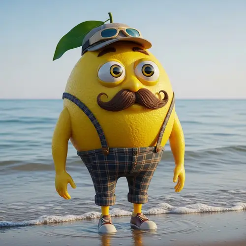 Whimsical Lemon Character on Mediterranean Seashore