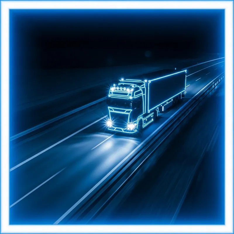 Neon Truck and Trailer Driving on Highway - Abstract Blue Journey Neon Truck and Trailer Driving on Highway - Abstract Blue Journey