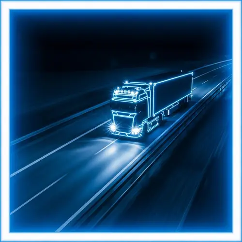 Vivid Blue Neon Truck and Trailer Journey on Highway