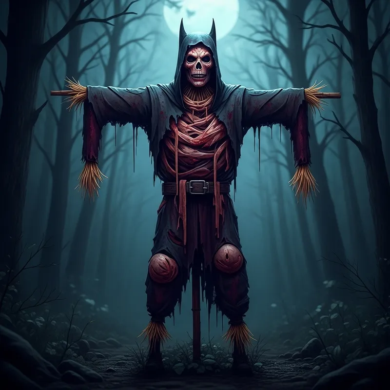 Nightmarish Scarecrow Monster in Dark Woods: A Terrifying Vision
