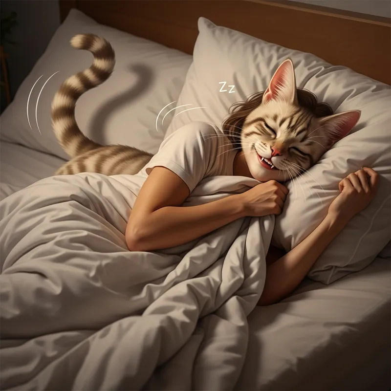 Joyful Woman's Transformation into Cat in Cozy Bed