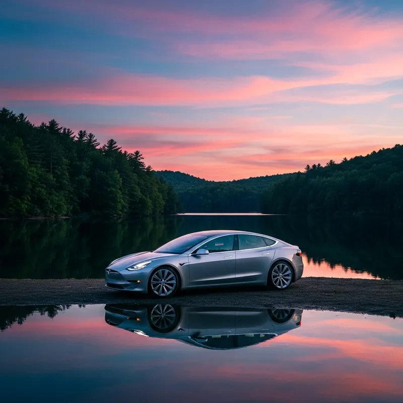Tesla Car by Calm Lake | Tranquil Harmony Scene